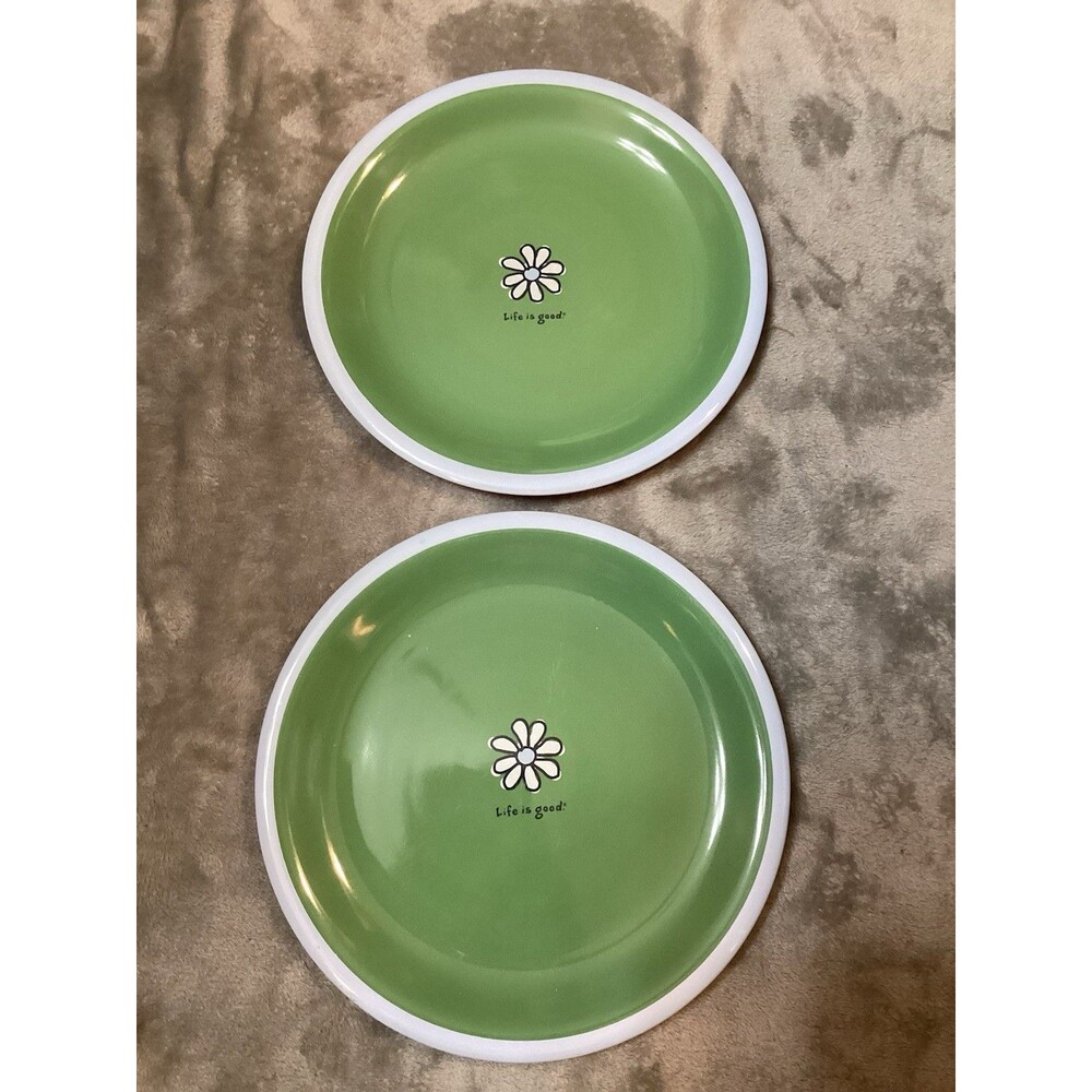 Good home By Life is Good Ceramic Dinner Plate Set Of 2 Green & Blue With Daisy